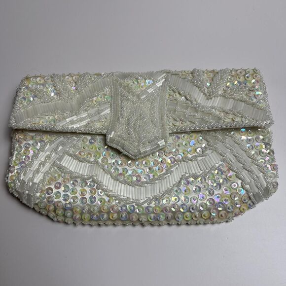 Vintage White Beaded Sequin Clutch/Crossbody Hand Made in Hong Kong - Picture 1 of 8